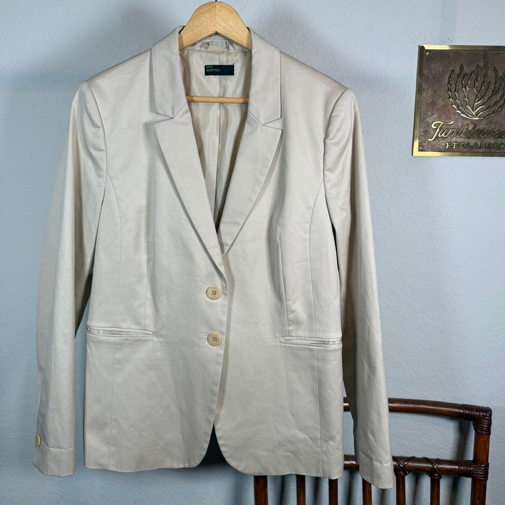 Stile Benetton Womens Beige Cotton Blend Two Button Tailored Blazer Jacket Sz 10